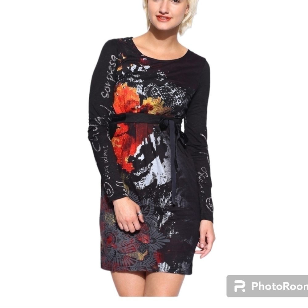 Desigual black abstract print empire waist tshirt mini dress with pockets